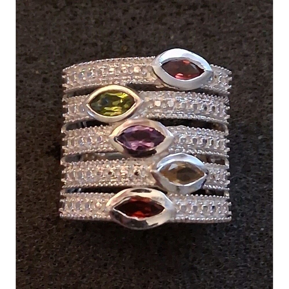 Karis multi stone marquise-cut gemstone wide platinum bond statement ring SZ 7